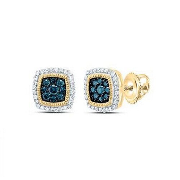 0.33 Cttw Blue Diamond Cushion Stud Earrings 10k Yellow Gold Screw Back